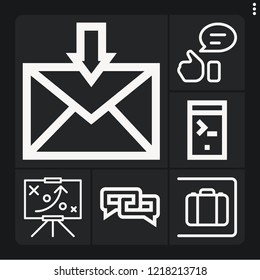 Set of 6 internet outline icons such as strategy, thumbs up, left luggage, chat, inbox