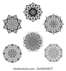 Set of 6 intricate black and white mandalas, ideal for coloring pages, tattoo design, home decor, and meditation-themed projects.
