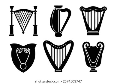 set of 6 Irish harp silhouette vector cartoon illustration