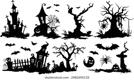 Set of 6 isolated Halloween decorations in silhouette illustration style of bat, haunted house and tree and graveyard on transparent background. Volume 4.