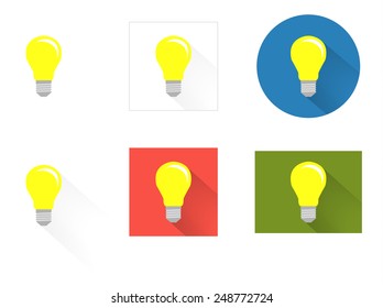 Set of 6 isolated icons of flat lightbulb - isolated, with long shadow in square, in circle and in rectangle