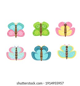 set of 6 isolated images of multicolored butterflies. cute baby illustration. Design of postcards, stickers, notebooks, paper. Vector.