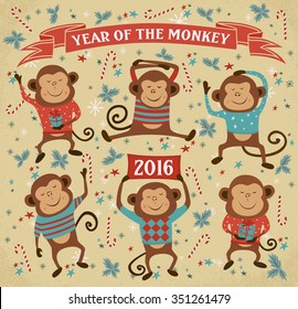 Set of 6 isolated monkey, symbol of Chinese New Year 2016. Vector