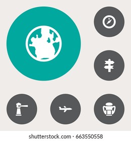 Set Of 6 Journey Icons Set.Collection Of Rucksack, Direction, Aircraft And Other Elements.