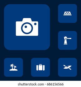 Set Of 6 Journey Icons Set.Collection Of Suitcase, Palm, Canoe And Other Elements.