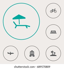 Set Of 6 Journey Icons Set.Collection Of Chaise Longue, Building, Bike And Other Elements.