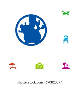 Set Of 6 Journey Icons Set.Collection Of Palm, Tram, Photo Apparatus And Other Elements.
