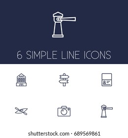Set Of 6 Journey Outline Icons Set.Collection Of Photo, Direction, Lighthouse And Other Elements.