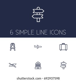 Set Of 6 Journey Outline Icons Set.Collection Of Building, Boat, Airplane And Other Elements.