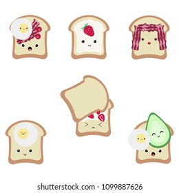 Set of 6 kawaii vector toasts for your  tasty projects: stickers, patches, bullet journaling, etc. 