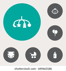 Set Of 6 Kid Icons Set.Collection Of Air Balloon, Baby, Hangings And Other Elements.