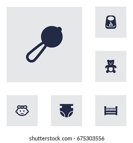 Set Of 6 Kid Icons Set.Collection Of Maraca, Cot, Nappy And Other Elements.