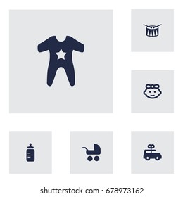 Set Of 6 Kid Icons Set.Collection Of Girl, Pram, Barrel And Other Elements.