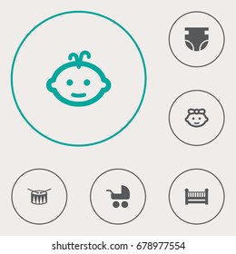 Set Of 6 Kid Icons Set.Collection Of Barrel, Girl, Nappy And Other Elements.