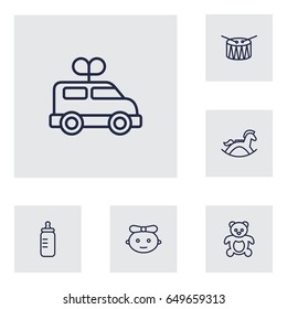 Set Of 6 Kid Outline Icons Set.Collection Of Teddy, Bottle, Rocking Horse And Other Elements.