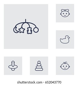 Set Of 6 Kid Outline Icons Set.Collection Of Baby, Nipple, Pyramid And Other Elements.