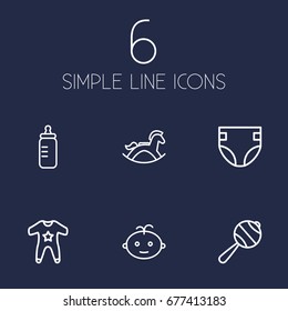 Set Of 6 Kid Outline Icons Set.Collection Of Bottle, Diaper, Rocking Horse And Other Elements.