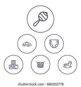 Set Of 6 Kid Outline Icons Set.Collection Of Alphabet Cubes, Diaper, Drum And Other Elements.