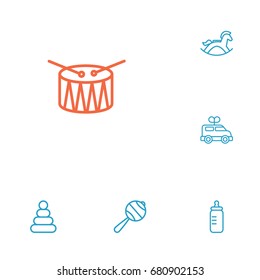 Set Of 6 Kid Outline Icons Set.Collection Of Rattles, Rocking Horse, Clockwork Car And Other Elements.
