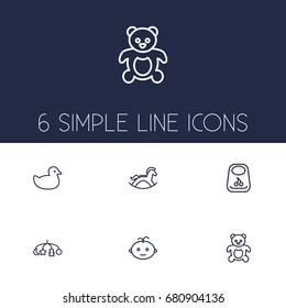 Set Of 6 Kid Outline Icons Set.Collection Of Rubber, Teddy, Rocking Horse And Other Elements.