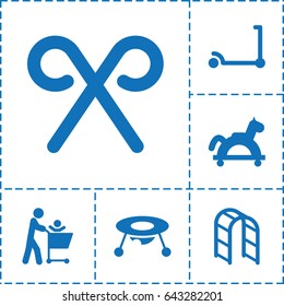 Set of 6 kids filled icons such as kick scooter, baby toy, playground ladder, candy cane, toy horse