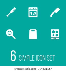 Set of 6 kitchen icons set. Collection of chopping board, axe, dish washer and other elements.