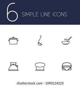 Set of 6 kitchen icons line style set. Collection of broth, saucepan, sandwich elements.