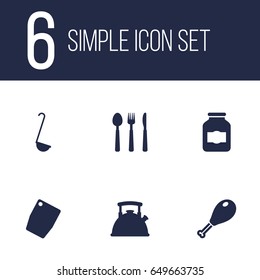 Set Of 6 Kitchen Icons Set.Collection Of Jar, Cutting Surface, Silverware And Other Elements.