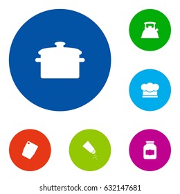 Set Of 6 Kitchen Icons.Collection Of Chef Cap, Salt shaker, Saucepan And Other Elements.