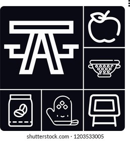 Set of 6 kitchen outline icons such as eco food, coffee, table, strainer, kitchen glove