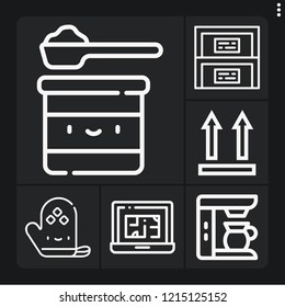Set of 6 kitchen outline icons such as cabinet, house plan, side up, coffee machine, baby food
