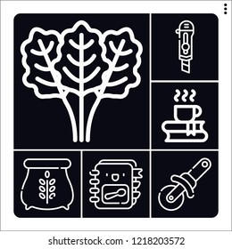 Set of 6 kitchen outline icons such as spinach, cutter, coffee, recipe book, pizza cutter