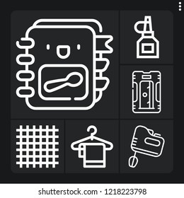 Set of 6 kitchen outline icons such as sharpener, towels, recipe book, tablecloth, oil bottle