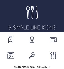 Set Of 6 Kitchen Outline Icons Set.Collection Of Microwave, Jug, Skillet And Other Elements.