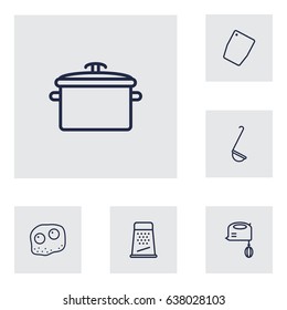 Set Of 6 Kitchen Outline Icons Set.Collection Of Omelette, Ladle, Grater And Other Elements.