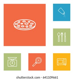 Set Of 6 Kitchen Outline Icons Set.Collection Of Scales, Salt, Pizza And Other Elements.