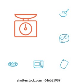 Set Of 6 Kitchen Outline Icons Set.Collection Of Pizza, Chopping Board, Microwave And Other Elements.