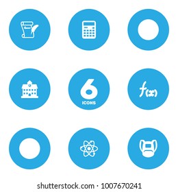 Set of 6 knowledge icons set. Collection of history, school, physics and other elements.