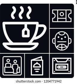 Set of 6 label outline icons such as check in, hockey mask, ticket, cassette, menu