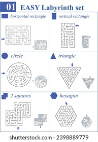 Set of 6 labyrinths in different shapes: vertical and horizontal rectangle, circle, triangle, two squares, hexagon. Easy difficulty maze game for children and family with solutions.