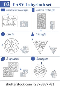 Set of 6 labyrinths in different shapes: vertical and horizontal rectangle, circle, triangle, two squares, hexagon. Easy difficulty maze game for children and family with solutions.