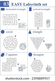 Satz von 6 Labyrinthen in unterschiedlichen Formen: vertikal und horizontal Rechteck, Kreis, Dreieck, zwei Quadrate, Hexagon. Leichtes Spiel für Kinder und Familie mit Lösungen.