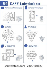 Conjunto de 6 laberintos de diferentes formas: rectángulo vertical y horizontal, círculo, triángulo, dos cuadrados, hexágono. Fácil juego de labranza para niños y familia con soluciones.