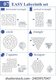 Set of 6 labyrinths in different shapes: vertical and horizontal rectangle, circle, triangle, two squares, hexagon. High quality simple mazes for children and family with solutions.