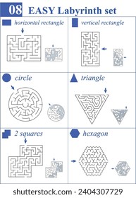 Set of 6 labyrinths in different shapes: vertical and horizontal rectangle, circle, triangle, two squares, hexagon. High quality simple mazes for children and family with solutions.