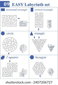 Satz von 6 Labyrinthen in unterschiedlichen Formen: vertikal und horizontal Rechteck, Kreis, Dreieck, zwei Quadrate, Hexagon. Qualitativ hochwertige, einfache Maze für Kinder und Familie mit Lösungen.