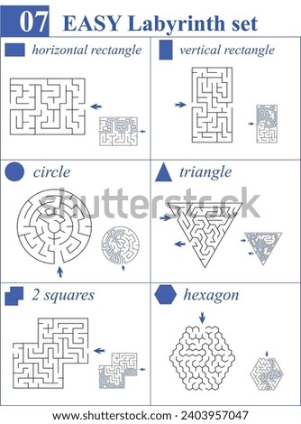 Set of 6 labyrinths in different shapes: vertical and horizontal rectangle, circle, triangle, two squares, hexagon. High quality simple mazes for children and family with solutions.
