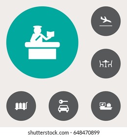 Set Of 6 Land Icons Set.Collection Of Letdown, Security, Restaurant And Other Elements.