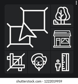 Set of 6 landscape outline icons such as layers, house, crop, tiny, don quixote