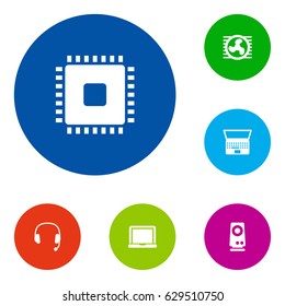 Set Of 6 Laptop Icons Set.Collection Of Microprocessor, Amplifier, Laptop And Other Elements.